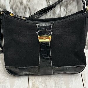 Etienne Aigner Black Linen Gold Hardware Shoulder Bag Y2K Working Girl Polished